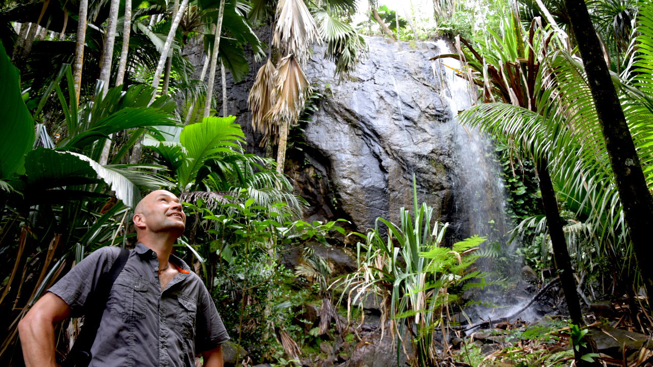 Olaf Jakobsen am Wasserfall im Vallée de Mai auf Praslin, Seychellen